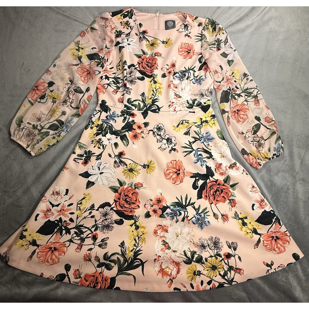 Vince Camuto Woman's Pink Floral Midi Dress with Sheer Sleeves Size 8